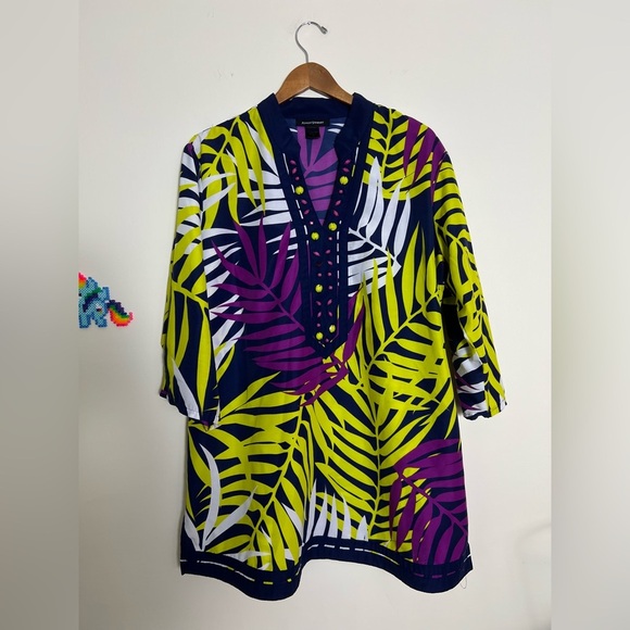 Ashley Stewart Women Purple Multi Tunic Top 18 Beads Tropical Summer Casual Chic - Picture 1 of 16